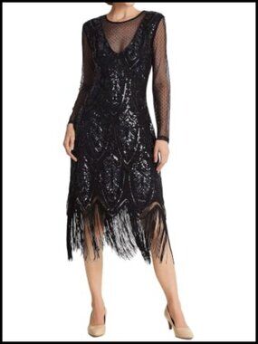 1920s Flapper Sequin Beaded Long Sleeve Knee Length Dress